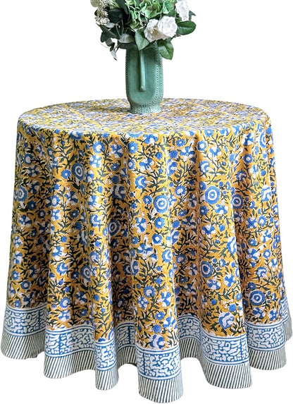 ATOSII Marigold Blue100% Cotton Round Tablecloth, Block Print Floral Table Cloth for Dining, Parties, Weddings, Outdoors, Holidays I 90" Inches, 6 Seater I Grandmillennial Farmhouse Spring Summer Boho