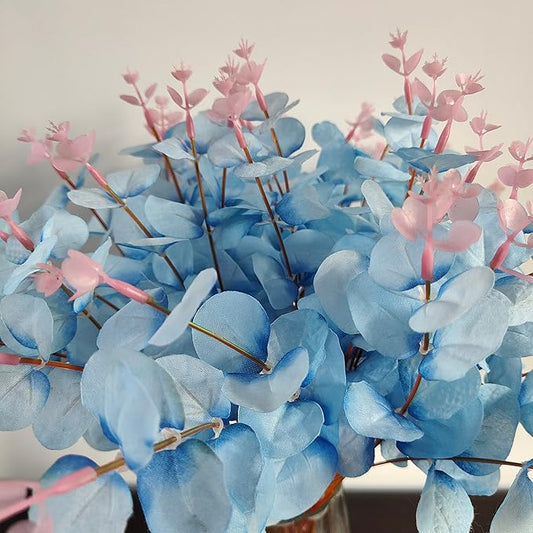 19" Faux Flowers Artificial Silk Silver Dollar Eucalyptus Stems Fake Plant for Vase Home Wedding Decor 3 Pcs (Blue)