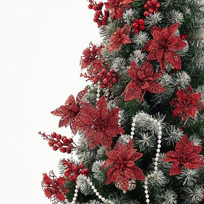 Zhuqing 22Pcs Christmas Poinsettia Artificial Flowers and Glitter Berries Stems Kit, 16Pcs Christmas Tree Flowers Ornaments and 6 Pack Christmas Tree Picks for Wedding Holiday Decorations (Red)