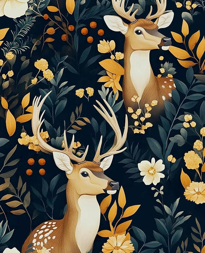 Deer Wallpaper Peel and Stick Vintage Blue Gold Floral Wallpaper Contact Paper 17.5" × 118" Waterproof Vinyl Self Adhesive Dark Wall Paper for Bedroom Walls Cabinet Locker Decor