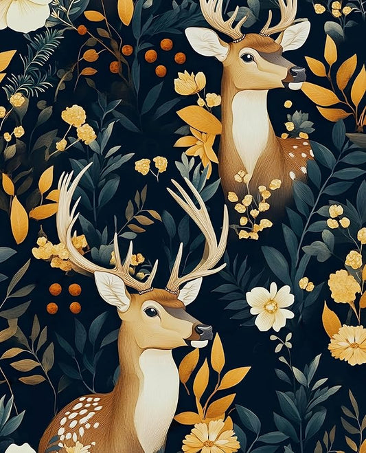 Deer Wallpaper Peel and Stick Vintage Blue Gold Floral Wallpaper Contact Paper 17.5" × 118" Waterproof Vinyl Self Adhesive Dark Wall Paper for Bedroom Walls Cabinet Locker Decor