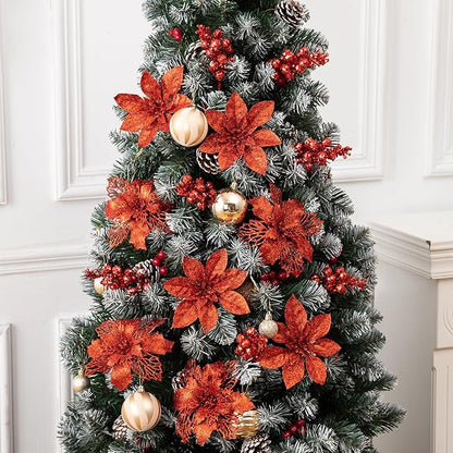 24Pcs Red Glitter Poinsettia Christmas Tree Ornaments and Glitter Berries Stems, 16Pcs Christmas Artificial Flowers and 8 Pack Christmas Tree Picks for Wedding Holiday Decorations