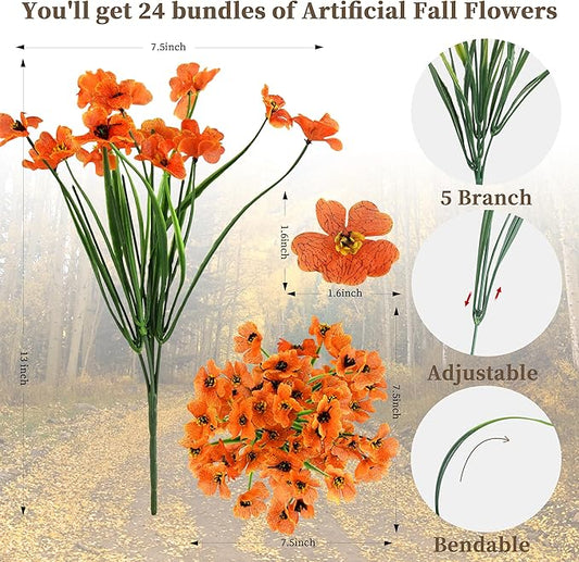 24 Bundles Artificial Mums for Outdoors/Indoors Faux Mums for Outdoor Planters, Fall Flowers Artificial for Decoration Garden Porch Window Box Home Wedding Farmhouse