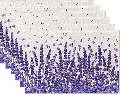 Placemats,Lavender Flower Placemats 12x18 Inch Waterproof Non-Slip Washable Table Mats for Kitchen Dining Party Table Decor,Set of 6