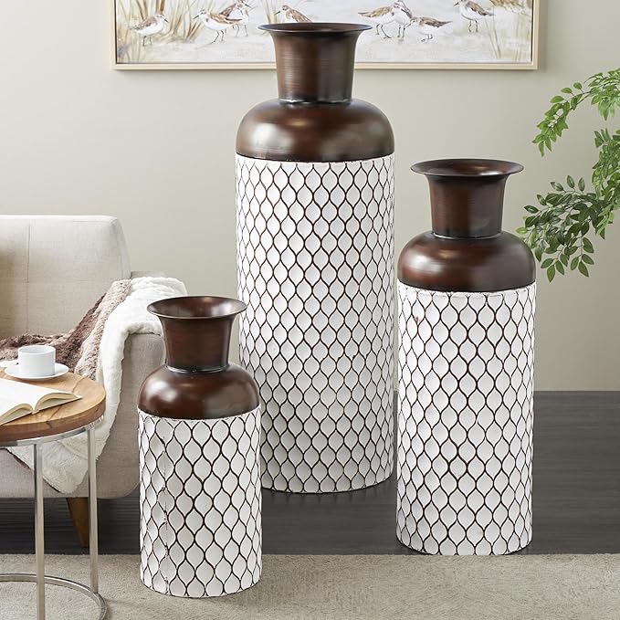 Deco 79 Metal Decorative Vase Tall Trellis Floor Centerpiece Vases with Brown Trumpet Tops, Set of 3 Flower Vases for Home Decoration 52", 39", 27" H, White