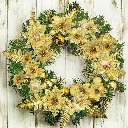 Boao Gold 24 Pieces Poinsettia Flower Christmas Glitter Artificial Poinsettia with Clips Christmas Tree Ornament Decorations for DIY Xmas Wreath Holiday Home Party Decor, 3/4/6 Inches