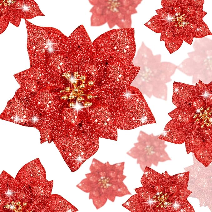 Boao 24 Pieces Glitter Poinsettia Artificial Christmas Flowers Poinsettia Decorations Wedding Christmas Tree Ornaments, 3/4/6 Inches (Red)
