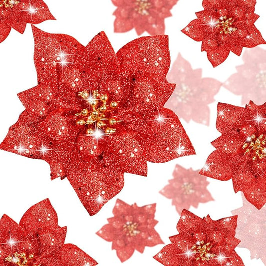Boao 24 Pieces Glitter Poinsettia Artificial Christmas Flowers Poinsettia Decorations Wedding Christmas Tree Ornaments, 3/4/6 Inches (Red)