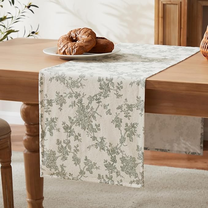 100% Cotton French Pastoral Table Runners, 13x48 Inch Green Farmhouse Table Runners 48 Inches Long, Vintage Flowers Print Home Decors