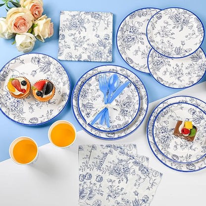 175Pcs Blue Floral Paper Plates and Napkins 25 Guests Blue Toile Chinoiserie Party Supplies Set Include Plates Napkins Cups Spoons Forks Knives for Birthday Wedding