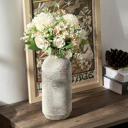 Ceramic Rustic Vase for Home Decor, Terracotta Vase with Handle, Handcrafted Vintage Decorative Flower Vase for Farmhouse, Living Room, Table, Fireplace, Nightstand - Natural Brown