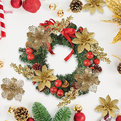 24Pcs Gold Glitter Poinsettia Christmas Tree Ornaments and Glitter Berries Stems, 16Pcs Christmas Artificial Flowers and 8 Pack Christmas Tree Picks for Wedding Holiday Decorations