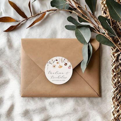 Personalized Floral Wedding Stickers with Your Choice of 30 Flower Styles - Choose Font and One of Five Pre-made Phrases or Add Custom Text (011 - Wildflowers)