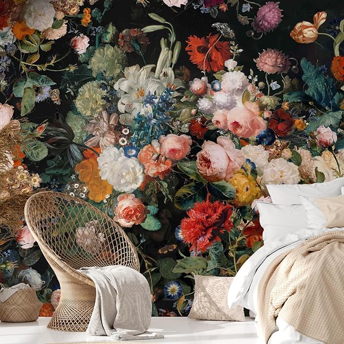 Zeeko Dark Floral Wallpaper Peel and Stick 148" W x 98" H Waterproof Canvas Fabric Vintage Moody Large Wall Mural Self Adhesive Removable Wall Paper for Bedroom Living Room Art Deco