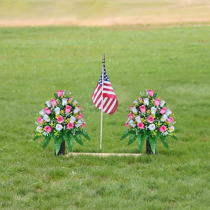 Artificial Cemetery Flowers, Gravesite Decoration Roses, Memorial Bouquets with Cemetery Vase, Vibrant and Long-Lasting Colors (Pink+White, 2 Bundles)