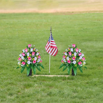 Artificial Cemetery Flowers, Gravesite Decoration Roses, Memorial Bouquets with Cemetery Vase, Vibrant and Long-Lasting Colors (Pink+White, 2 Bundles)