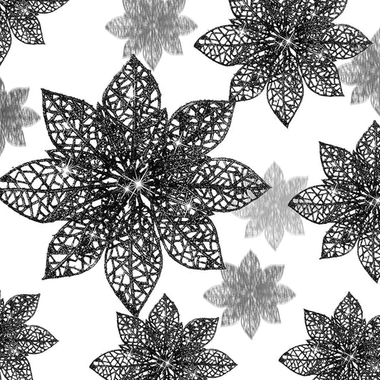 Boao Black 24 Pieces Poinsettia Flower Christmas Glitter Artificial Poinsettia with Clips Christmas Tree Ornament Decorations for DIY Xmas Wreath Holiday Home Party Decor, 3/4/6 Inches