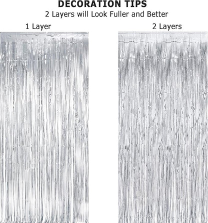 Silver Streamers Metallic Party Backdrop - GREATRIL Foil Fringe Tinsel Curtain for 2026 NYE/Birthdays/Prom/New Years/Graduations/Photo Booth, 8.2ft x 3.2ft - Pack of 2