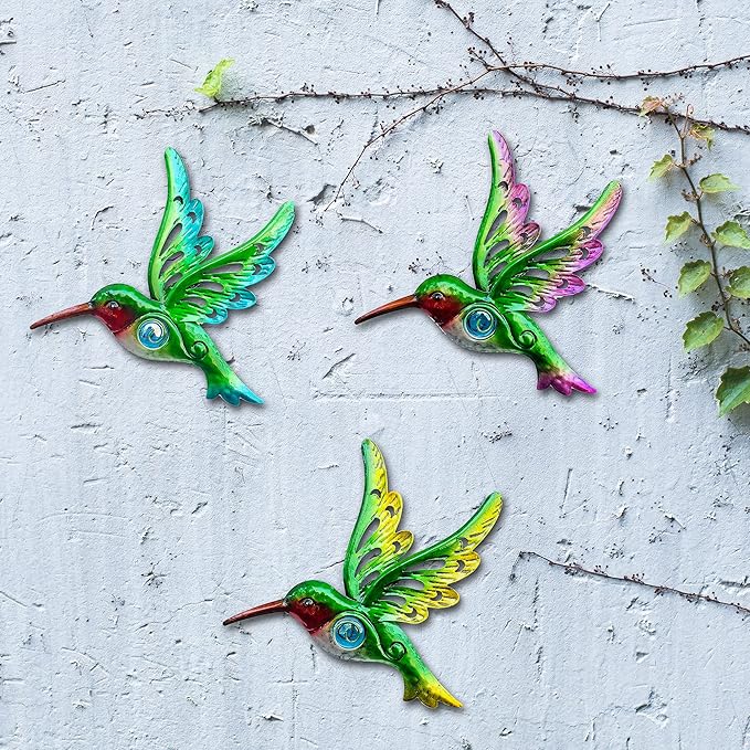 Metal Hummingbird Wall Decor, Wall Art Christmas Sculpture for Patio Fence, Set of 3, 9 Inch, Christmas Indoor Outdoor Gift for Family