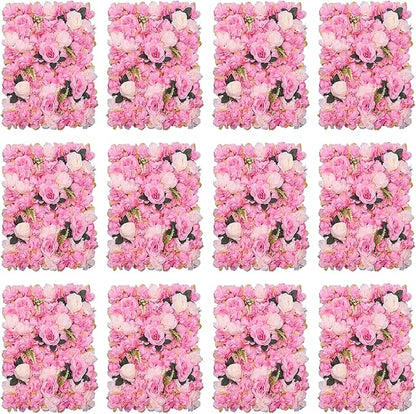 12pcs Flower Wall Panels 15.7“ x 23.6" Floral Wall Artificial Flower Backdrop for Wedding Party Photo Backgrounds Dark Pink