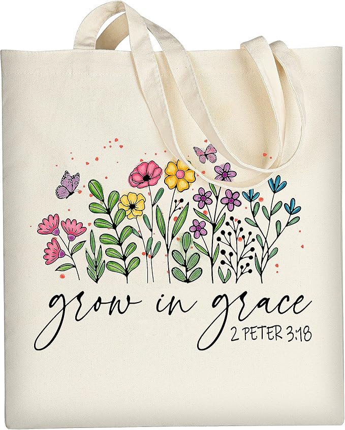 AUSVKAI Cute Canvas Tote Bag Aesthetic For Women Grocery Bag Cotton Beach Totes Gift For Grow in Grace