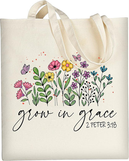 AUSVKAI Cute Canvas Tote Bag Aesthetic For Women Grocery Bag Cotton Beach Totes Gift For Grow in Grace