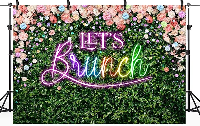 Riyidecor Green Leaves Let's Brunch Backdrop Polyester Fabric Neon Rainbow Pink Floral 8Wx6H Feet Rustic Greenery Photography Background Grass Lawn Women Brunch Party Photo Studio Shoot