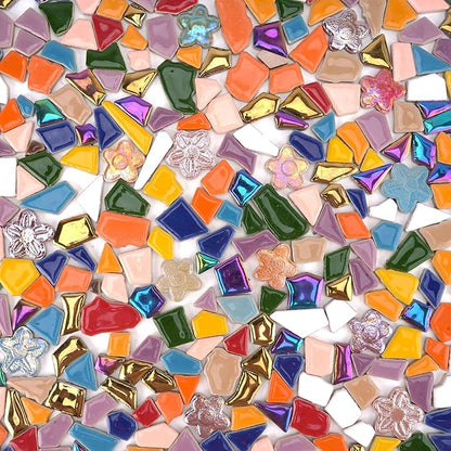 1.5 lb Ceramic Tiles for Mosaics – 580g Small Irregular Tiles + 100g Flower Mosaic Pieces, Mixed Sizes, Shapes & Vibrant Colors for DIY Crafts & Home Decor