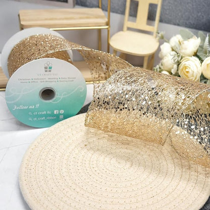 CT CRAFT LLC Sparkling Glitter Mesh Wired Ribbon 4" x 10 Yards Champagne Gold for Christmas Home Decor Bow Gift Wrapping DIY Crafts Wreath