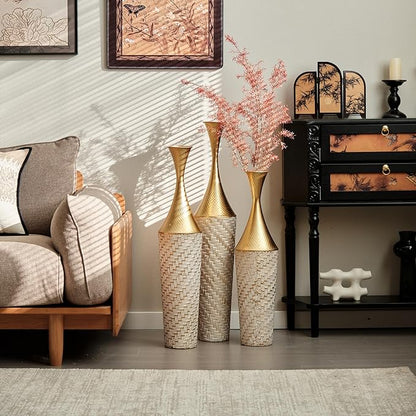 Floor Vases Decorative Tall, Set of 3 Flower Arrangement Stand for Living Room, Bedroom, Room Empty Corner Metal Gold Flower Vase Champgne & White