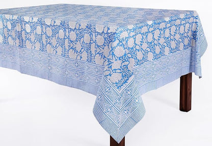 ATOSII Azora Blue 100% Cotton Rectangle Fall Tablecloth, Handblock Floral Print Linen Table Cloth for Kitchen Dining I Parties, Outdoors, Christmas, Thanksgiving I 72 X 140 Inches I 12 Seater