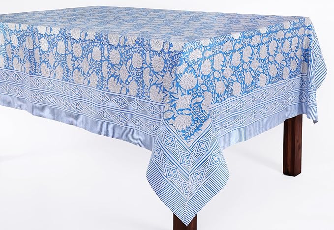 ATOSII Azora Blue 100% Cotton Rectangle Summer Tablecloth, Block Print Floral Table Cloth for Dining, Outdoors, Parties, Weddings I Grand Millenial Decor 60 X 90 Inches I 6 Seater I Memorial Day