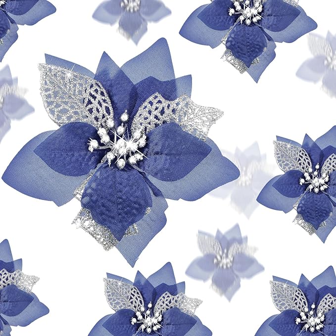 Boao 24 Pieces Christmas Artificial Glitter Poinsettia Flowers Xmas Flowers Wedding Christmas Tree New Year Ornaments(Navy Blue)