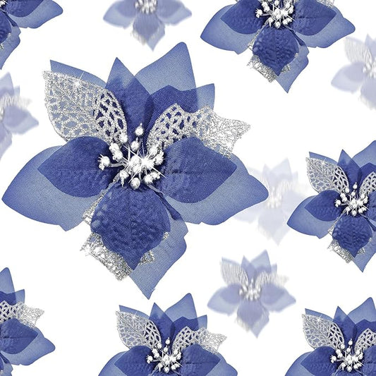 Boao 24 Pieces Christmas Artificial Glitter Poinsettia Flowers Xmas Flowers Wedding Christmas Tree New Year Ornaments(Navy Blue)