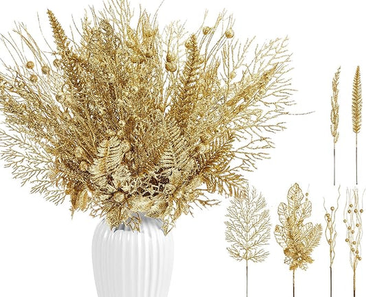 30 Pcs Artificial Christmas Tree Picks and Sprays Glitter Berry Stem Branches Holly Floral Picks Twigs Christmas Tree Ornaments for DIY Xmas Wreath Vase Filler Decorations(Gold)