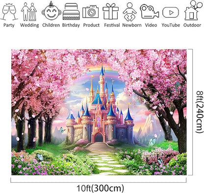 Riyidecor Princess Castle Backdrop Vinyl Pink Sakura Rainbow Flowers Floral Fantasy Fairy Tale Wonderland 10Wx8H Feet Butterfly Photography Background Birthday Wedding Party Photo Studio Shoot