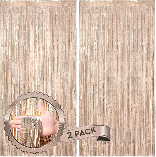 2 Pack Laser Champagne Foil Fringe Backdrop Curtains, Tinsel Streamers Birthday Party Decorations, Fringe Backdrop for Graduation, Baby Shower, Gender Reveal, Disco Party