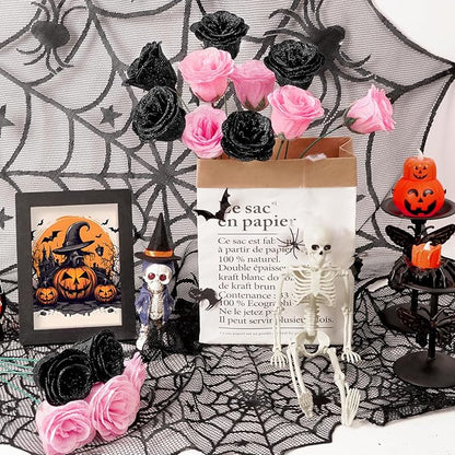 Waipfaru Glitter Roses Bouquet, DIY Black & Pink Halloween Flowers Bouquet, Artificial Fake Rose for Halloween, Wedding, Anniversary, Engagement, 36 Pcs