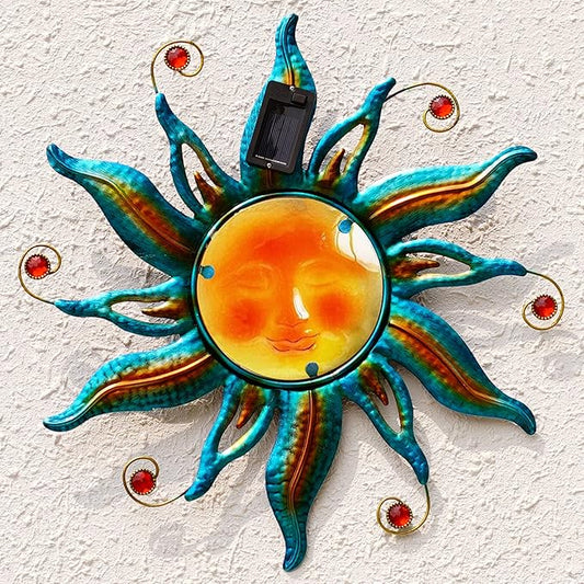 18 "Solar Sun Face Wall Art - Metal Sun Sculpture with LED Lights & Smiling Face, Outdoor Wall Hanging Decorations (Blue)