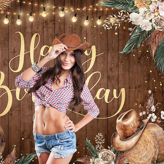 SVBright Western Cowgirl Birthday Backdrop 7Wx5H Pampas Grass Country Wild West Rustic Wooden Boho Flower Retro Boots Hat Farmhouse Decorations Photography Background Banner Photo Booth Studio