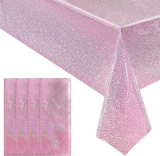4 pcs Pale Pink Holographic Laser Tablecloths Light Pink Shiny Table Covers 40" x 108" Disposable Rectangle Table cloths for Girl Birthday Party Wedding Anniversary Bachelorette Baby Shower Décor