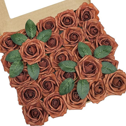 Artificial Flowers, 50pcs Artificial Rose for DIY Wedding Bouquets Centerpieces Arrangements, Terracotta Foam Roses with Stem for Bridal Shower Party Home Decorations