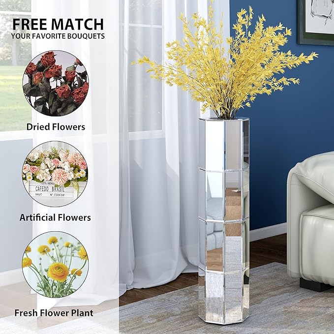 Mirror Floor Vase 28 inch High, Silver Decorative Glass Tall Vases for Decor Living Room Large Big Cylinder Standing Vase for Bedroom Home Corner Indoor Office