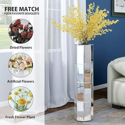 Mirror Floor Vase 28 inch High, Silver Decorative Glass Tall Vases for Decor Living Room Large Big Cylinder Standing Vase for Bedroom Home Corner Indoor Office