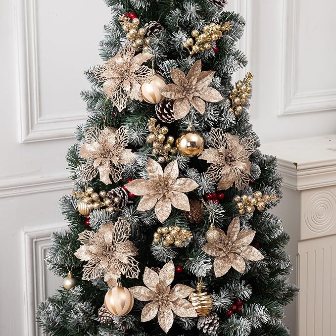 24Pcs Champagne Glitter Poinsettia Christmas Tree Ornaments and Glitter Berries Stems, 16Pcs Christmas Artificial Flowers and 8 Pack Christmas Tree Picks for Wedding Holiday Decorations