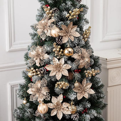 24Pcs Champagne Glitter Poinsettia Christmas Tree Ornaments and Glitter Berries Stems, 16Pcs Christmas Artificial Flowers and 8 Pack Christmas Tree Picks for Wedding Holiday Decorations