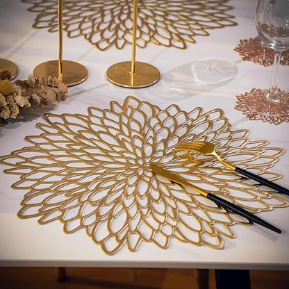 Snowkingdom Pack of 8 Gold Metallic Round Placemats Bulk Round Pressed Vinyl Leaf Dinning Kitchen Table Mats Decoration for Christmas Wedding Thanksgiving Party
