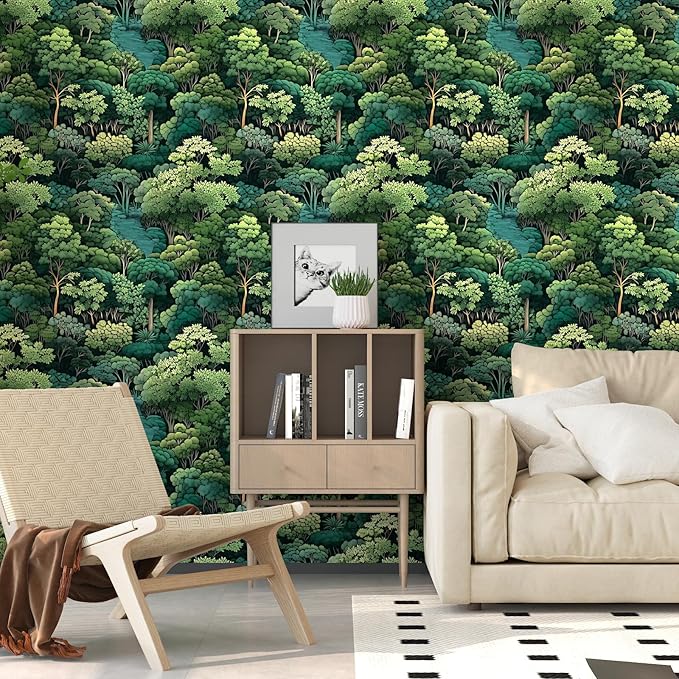 Green Wallpaper Peel and Stick, Forest Trees Contact Paper 17.5" x 393.7", Woodland Mountain Vintage Botanical Wall Paper Self Adhesive Waterproof Removable for Room Shelves Cabinet Drawer Table Decor