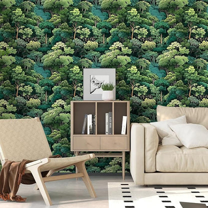 Green Wallpaper Peel and Stick, Forest Trees Contact Paper 17.5" x 393.7", Woodland Mountain Vintage Botanical Wall Paper Self Adhesive Waterproof Removable for Room Shelves Cabinet Drawer Table Decor