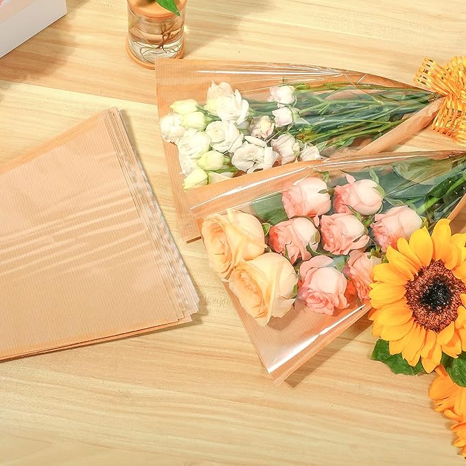 JOYIT Flower Bags for Bouquets, 50PCS Kraft Wrapping Bags, 9.8in x 18in Floral Wrapping Paper Sleeves for Floral bouquets Packaging